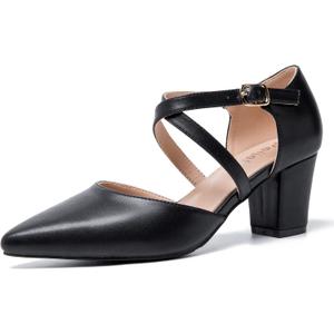 Women's Chunky Heel Pumps Cross Strap Closed Pointed Toe Dress Shoes (6.5, Matte Black)