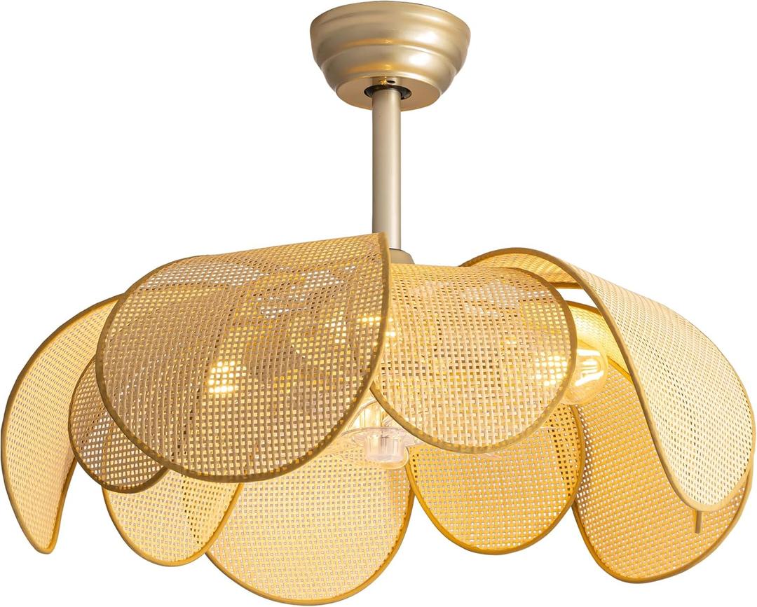 Rattan fandelier Ceiling Fans with Lights, Fandelier Chandelier Ceiling Fan and Remote,Boho,Flush Mount,Low Profile,for Bedroom,Living Room,(25.5 Inch,6 Speed