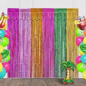 Hawaiian Luau Party Decorations, 2 Pack 3.28 x 6.56 Ft Foil Fringe Curtains Summer Luau Backdrop Streamer for Tropical Beach Pool Mexican Fiesta Birthday Party Decor