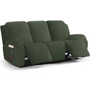 ChengEase Stretch Recliner Sofa Cover - 5 Pieces Striped Pattern Slipcovers & Durable Furniture Protector for Reclining Couch, Ideal for Kids and Pets (3 Seater, Green)