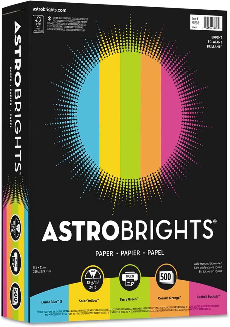 Neenah Astrobrights Bright Color Paper, Letter Size Paper, 24 lb, Assorted Colors, 500 Sheets (500 Count (Pack of 1))