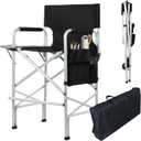 Makeup Chair for Makeup Artist 45.6'', Tall Directors Chairs Foldable for Clients with Side Table Cup Holder Storage Bag and Footrest, Folding Chair 400lbs Capacity Black