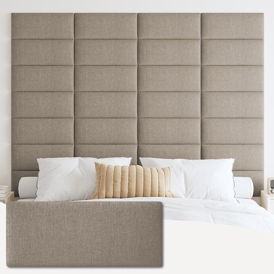 IFNOW Wall Mounted Headboard, Peel and Stick Panels, Linen, Queen | 3D Soundproof Acoustic Padding, Reusable and Removable, Tufted fabric Bed Headboard, for bedroom (9 Panels, 10" x 24")