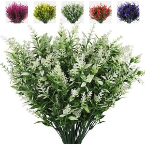RECUTMS Artificial Plants Lavender, 8 Bundles Outdoor UV Resistant Greenery Fake Shrubs Simulation Plants Indoor Outside Hanging Planter Home Garden Decor (White)