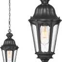 Outdoor Pendant Lights for Porch, HWH 20'' Large Outdoor Chandelier for Gazebo with Seeded Glass, Exterior Hanging Lantern Light Fixtures, Matte Black Finish, 5HW90H-M BK