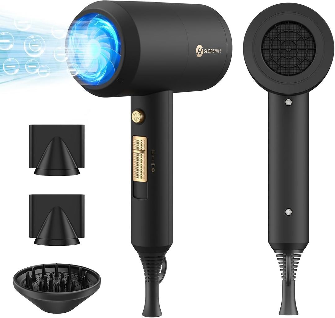 slopehill Professional Ionic Hair Dryer, Powerful 1800W Fast Drying Low Noise Blow Dryer with 2 Concentrator Nozzle 1 Diffuser Attachments for Home Salon Travel (Black)
