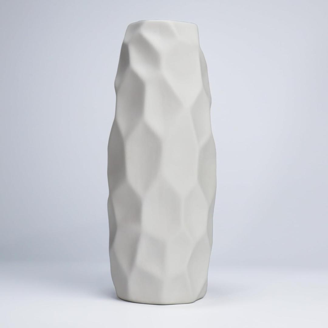 9 Inch White Ceramic vase, Geometric Simplicity Modern Decoration Matte Texture Rural Style Pampas Grass Creative vase, Wedding, Party, Dining Room Family DecorationWhite-01