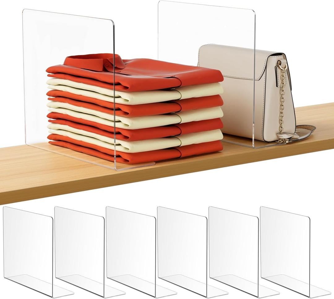 HBlife Acrylic Shelf Dividers for Closet Organization, 6 Pack Clear Sturdy Separate Closet Dividers for Shelves, Adjustable Purse Organizer for Sweater, Shirts, Handbags, Books in Bedroom and Kitchen (10" Tall X 11.29" Deep)