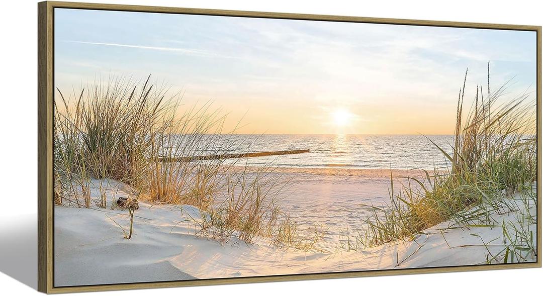 Canvas Framed Wall Art Beach: Ocean Coastal Large Picture Decor Seascape Sunset Scene Painting Sea Seaside Landscape Print Modern Seashore Grass Dunes Artwork for Bedroom Living Room, 57"L x 27"W
