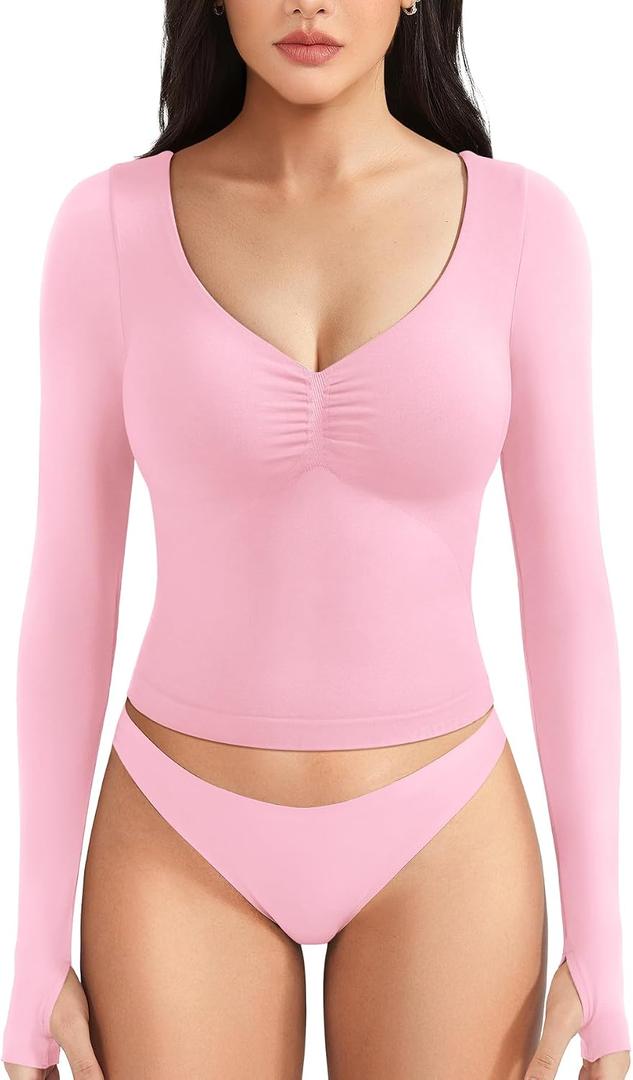 YEOREO CoreFlex Long Sleeve Workout Tops for Women Padded Deep V Neck Double Lined Impact Tops Slim Fit Gym Athletic Shirts (Pink, XS)