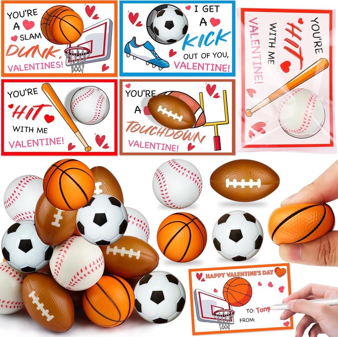 28 Pack Kid Valenitnes Day Cards with Sports Ball Valentines Day Gifts for Kids Classroom School, Valentines for Kids Class Party Favor Squeeze Foam Balls Stress Relief Toy Valentines Exchange Gifts,Style 1