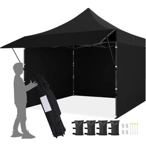 Yaheetech 10x10 Pop up Commercial Canopy Tent with 3 Removable Sidewalls & Awning, Portable Freestanding Shelter, Outdoor Heavy Duty Party Canopies W/Roller Bag, 4 Sandbags, Stakes & Ropes, Black