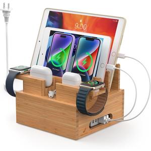 Pezin & Hulin Bamboo Charging Station for Multiple Devices, with Power Charger, Wire Cables 5 Pack, Compatible with Multi Phones & Tablet, for Earbuds & Smart Watch