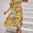 PRETTYGARDEN Women's Summer Casual Dresses 2026 Spring Puff Sleeve Square Neck A Line Flowy Boho Floral Smocked Midi Dress (L)