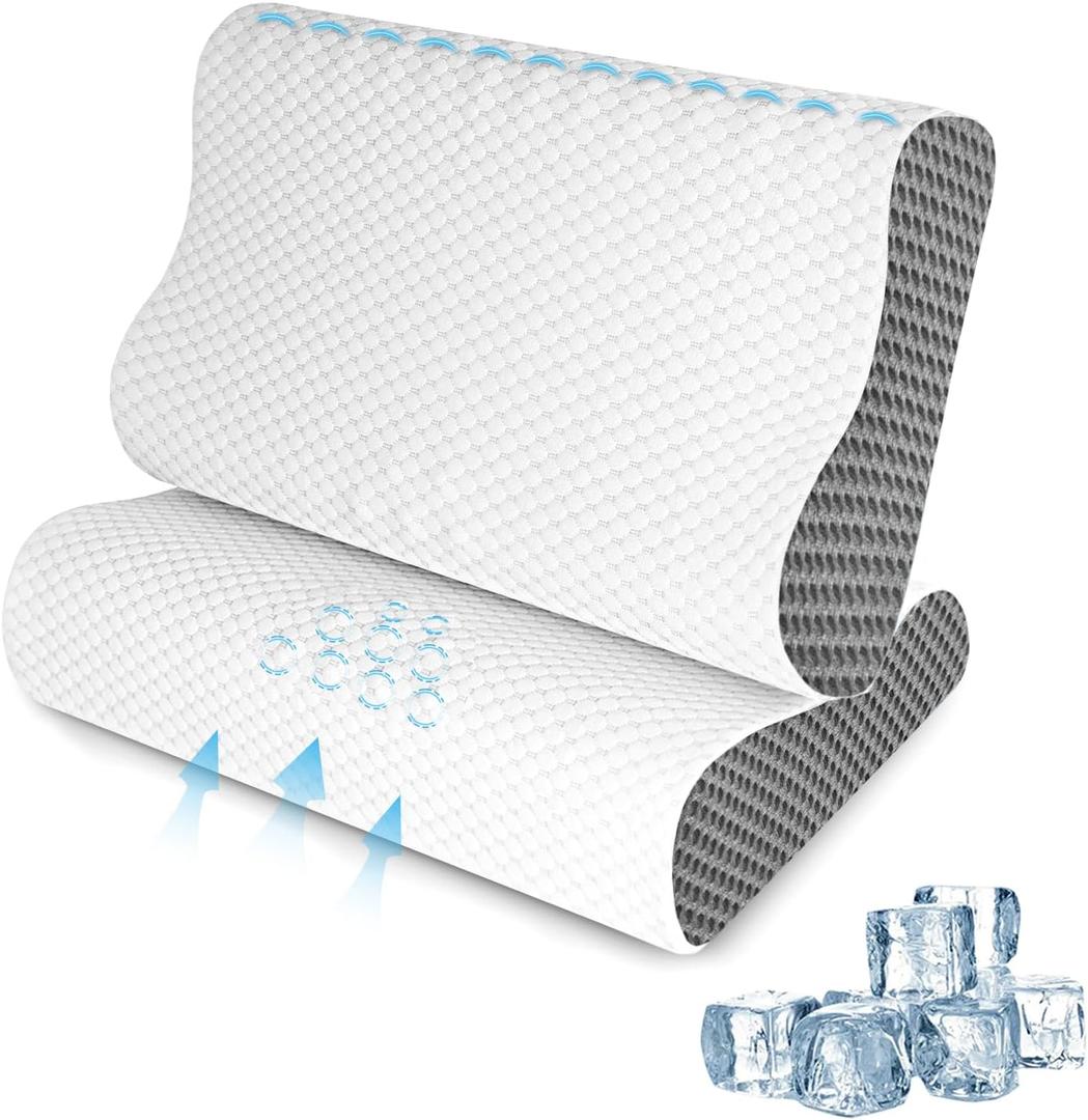 2 Pack Memory Foam Cooling Bed Pillows for Sleeping, Ergonomic Cervical Pillow for Neck and Shoulder Pain Relief, Adjustable Cold Pillow Set of 2,with PillowcaseGrey