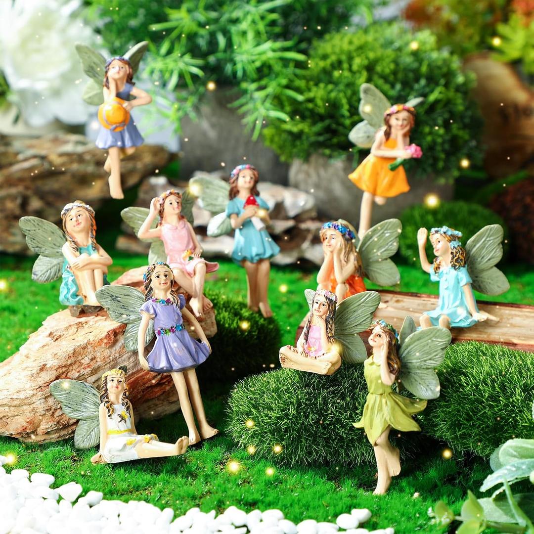 Fumete 11 Pieces Miniature Garden Fairies with Stick Mini Resin Figures Garden Accessories Fairy Kit for Kids Potted Plants Resin Yard Ornaments for Outdoor Lawn