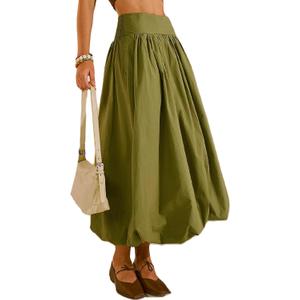 Women's Bubble Long Skirt Elastic Waist A-Line Pleated Ruffle Flowy Balloon Maxi Skirts with Pockets,XL