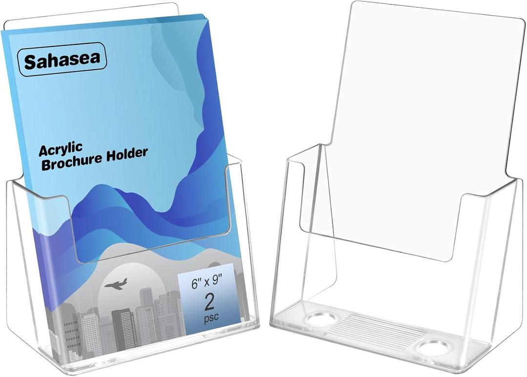 Acrylic Brochure Holder 6 x 9 inch, 2 Pack Flyer Holder Compatible with 4 x 6, 4 x 9, 6 x 8, 8.5 x 5.5 inch, Clear Sign Holder for Store, Office, Real Estate, Menu, Literature Displaying