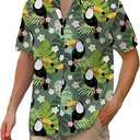 Cromoncent Men's Funky Cuban Collar Shirt, Breathable Button-Up Summer Beach Shirt for Vacation, Bird Army Green, XX-Large