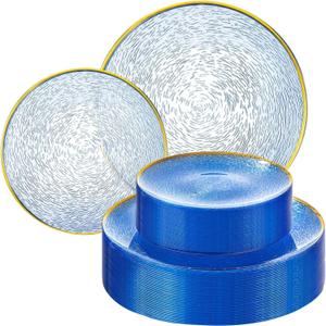 2 x Liacere 60Pcs Blue Plastic Plates - Blue Disposable Plates With Gold Rim, Heavy-duty Gold Plates,Water ripples Party Plates Include 30 Dessert-Platos,30 Dinner-Platos for party & Graduation Spring, 10.25inch