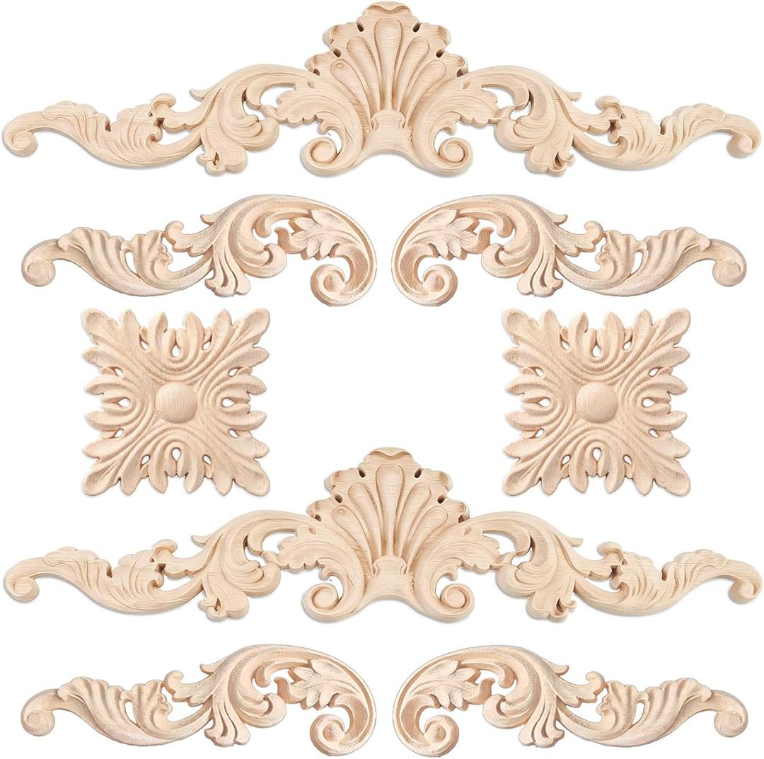 6 Pcs Wood Appliques and Onlays Large Size for Furniture Carved Onlays DIY Decorative Wood Carving Decals for Wall Cupboard Door Bed Cabinet (Adorable Style)