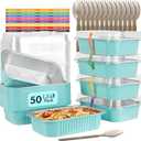 LNYZQUS 50 Pack 1.5lb Small Baking Pans with Lids, 7 x 5 Aluminum Foil Containers Individual Cake Tins,24oz Heavy Duty Takeout Leftover Containers Meal Prep Holders Boxes for Oven-Blue