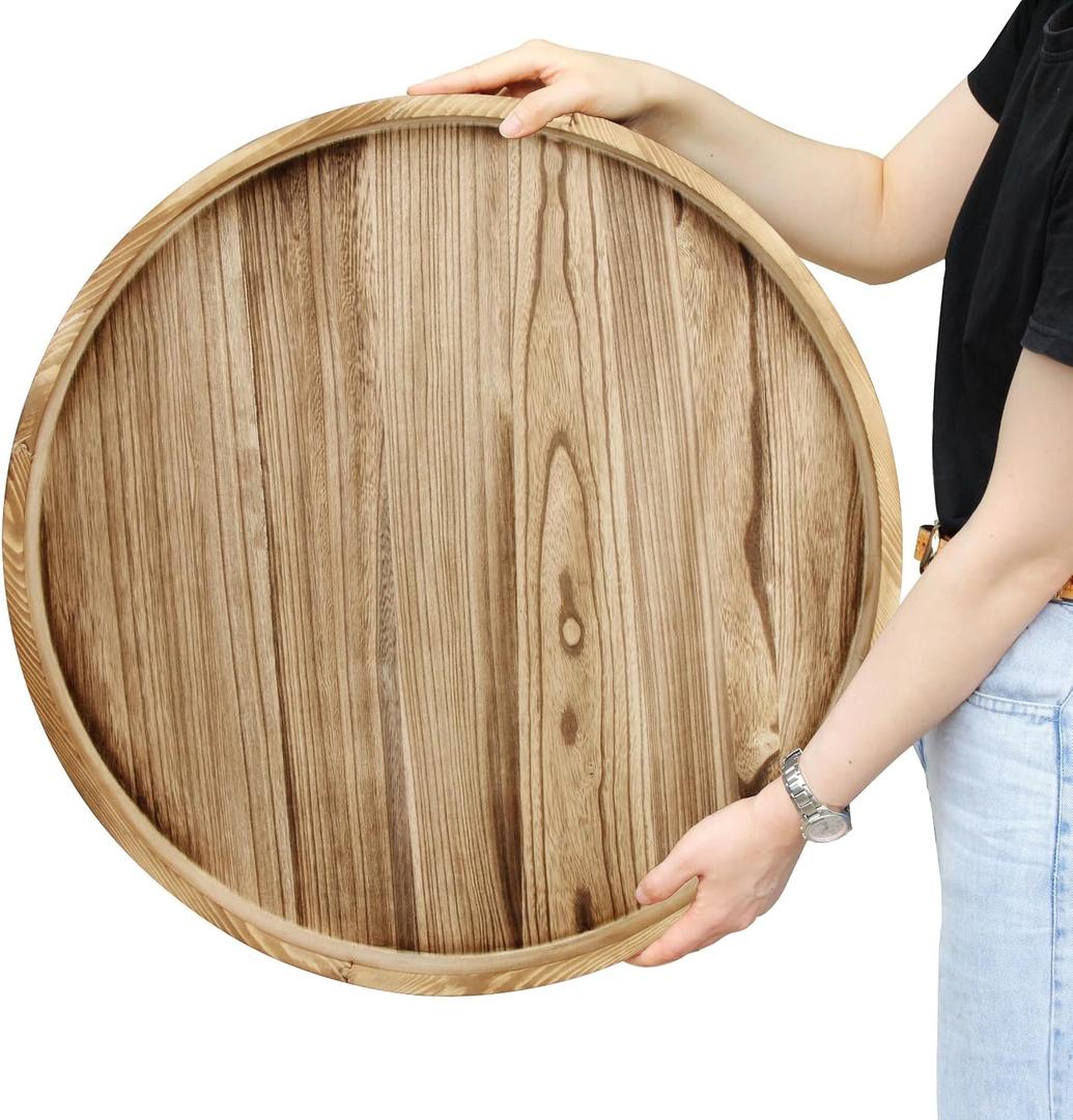 Gurfuy Round Ottoman Table Tray Round-24" - Rustic Wooden Serving Tray for Farmhouse Decorative Oversized Coffee Table Trays Living Room Kitchen Counter Breakfast Nature