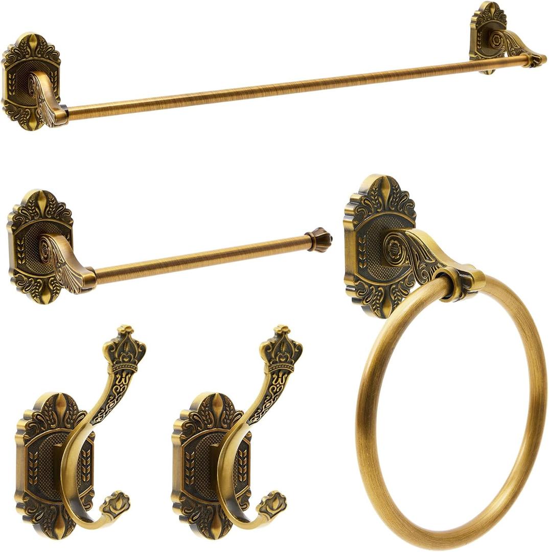Zonon 5 Pieces Antique Brass Bathroom Hardware Accessories Set Vintage Towel Rack Toilet Paper Holder Towel Ring Robe Hook Wall Mounted for Bathroom Toilet Kitchen (Modern)