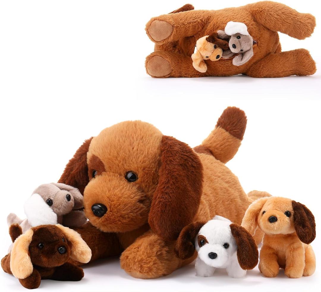 Skylety 5 Pcs Dog Stuffed Animal Puppy Stuffed with Babies Inside 1 Big Mommy with 4 Mini Baby Cute Soft Toy for Children Birthday Party Adopt a Puppy Favor(Piebald Dog)