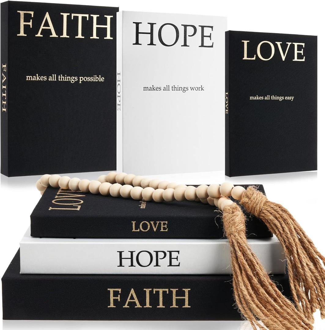 Faccito Set of 3 Linen Decorative Books with Wooden Beaded Garland Tassel Elegant Aesthetic Fake Books for Coffee Table Shelf Mantel Storage Boxes for Modern Home Decor (Black)