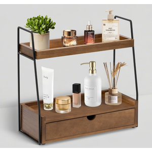 2-Tier Bathroom Organizer Countertop with Drawer, Wood Counter Organizer for Bathroom Decor, Sink Shelf for Vanity Storage, Makeup Tray for Perfume Skincare Bedroom Kitchen Corner