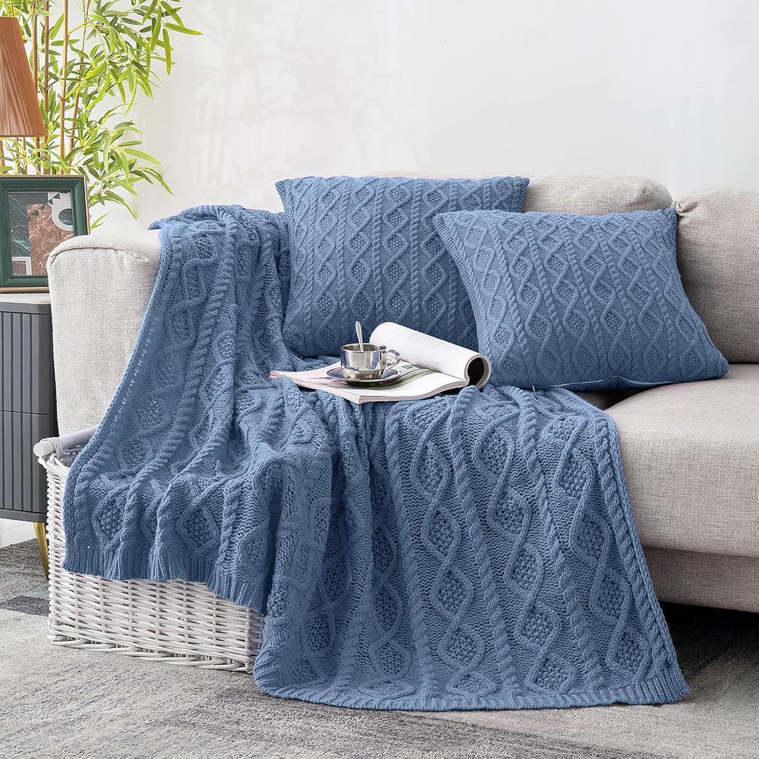 Homiest Cable Knit Throw Blanket & Pillow Set, Dusty Blue Set of 3, Knitted Blanket (50"x60") & 2 Pillow Covers (18"x18"), Soft & Cozy Decorative Couch Bed Sofa (50 x 60 Inch Blanket & 18 x 18 Inch Pillow)