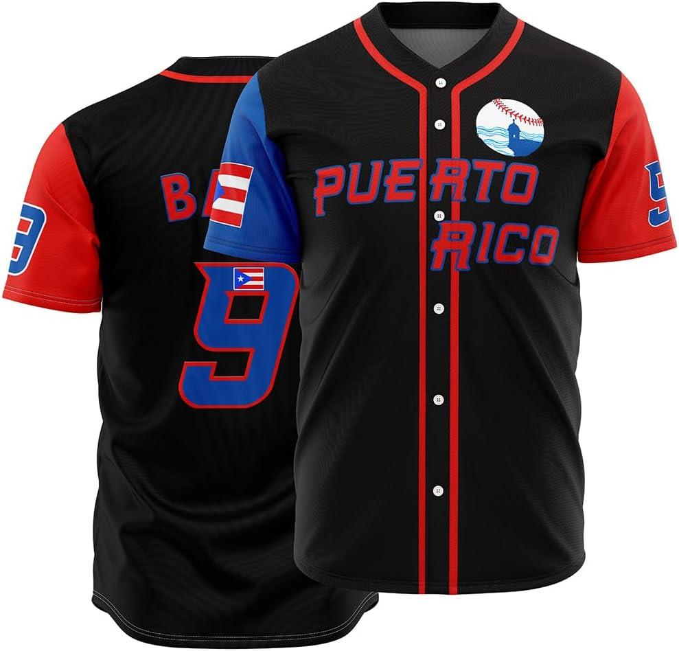 Men's #9 Puerto Rico World Game Classic Baseball Jersey Shirts Stitched (X-Large, Black)