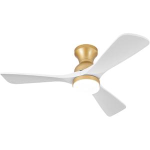 42 Inch White and Gold Low Profile Ceiling Fans with Lights and Remote, Dimmable, Quiet DC Motor, 3 Wood Blades, Flush Mount Ceiling Fan with Light, Indoor Outdoor Ceiling Fan for Patios