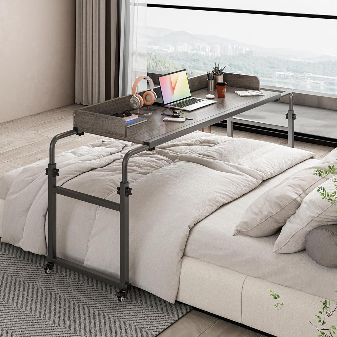 Overbed Table with 360 Wheels, Queen Size Mobile Bed Desk, Recliner Table Over Bed Table Adjustable Height and Length Overbed Table with Heavy Duty Metal Leg for Hospital and Home use (Grey)