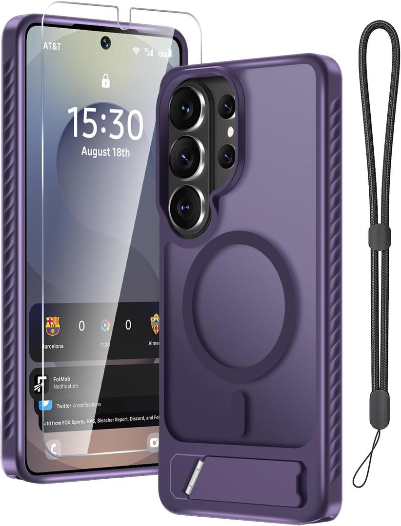 For Samsung Galaxy S26 Ultra Case with Screen Protector+Lanyard Wrist Strap,Magnetic Translucent Matte Rugged Slim Phone Cover Built in Invisible Kickstand [Fit for MagSafe],2026 Purple
