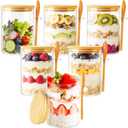 6 Pack Overnight Oats Containers with Lids and Spoons, 16oz Glass Jars with Bamboo Lids, Airtight Meal Prep Yogurt Containers for Breakfast, Parfait, Salad, Chia Pudding