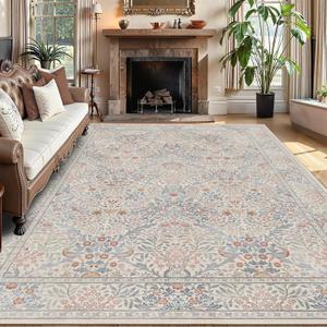 5x7 Floral Washable Area Rugs for Living Room, Vintage Boho Large Rug for Bedroom Dining Room, Distressed Botanical Birds Non Slip Low Pile Forest Animal Throw Carpet for Farmhouse Office, Beige Blue
