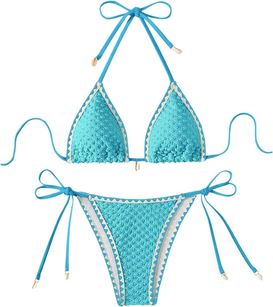 SHENHE Women's 2 Piece Triangle Tie Side Beach Bikini Sets Geo Print Halter Swimsuit Bathing Suit (Mint Blue, Small)