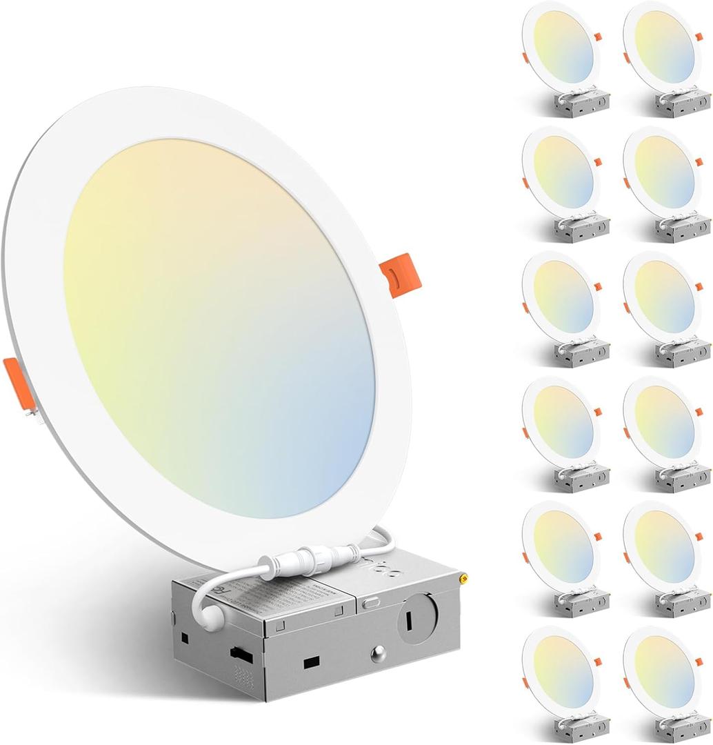 Amico 12 Pack 8 Inch 5CCT Ultra-Thin LED Recessed Ceiling Light with Junction Box, 2700K/3000K/3500K/4000K/5000K Selectable, 18W Eqv 125W, Dimmable Canless Wafer Downlight, 1600LM High Brightness -ETL (White)