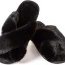 Womens Cross Band Slippers Cozy Furry Fuzzy House Slippers Open Toe Fluffy Indoor Shoes Outdoor Slip on Warm Breathable Anti-skid Sole (Black)