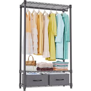 IZEUK Heavy Duty Clothes Rack with Drawers, Metal Freestanding Garment Rack for Hanging Clothes with 1 Rod & 2 Drawers, Adjustable Closet Wardrobe Organizer, 15.7" D x 35.5" W x 72.4" H, Dark Grey