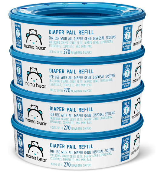 Amazon Brand - Mama Bear Diaper Pail Refills with Odor Control for Diaper Genie Pails, Unscented, 1080 Count (4 Packs of 270 Count)