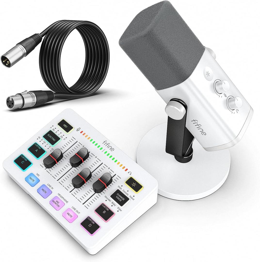 FIFINE Gaming Equipment Bundle, XLR/USB Streaming Dynamic Microphone with Audio Mixer Set, Podcast Recording Mic with Gain Knob, PC Mixer with Slider Fader Kit for Video, Game Voice-Ampligame KS5W (White)