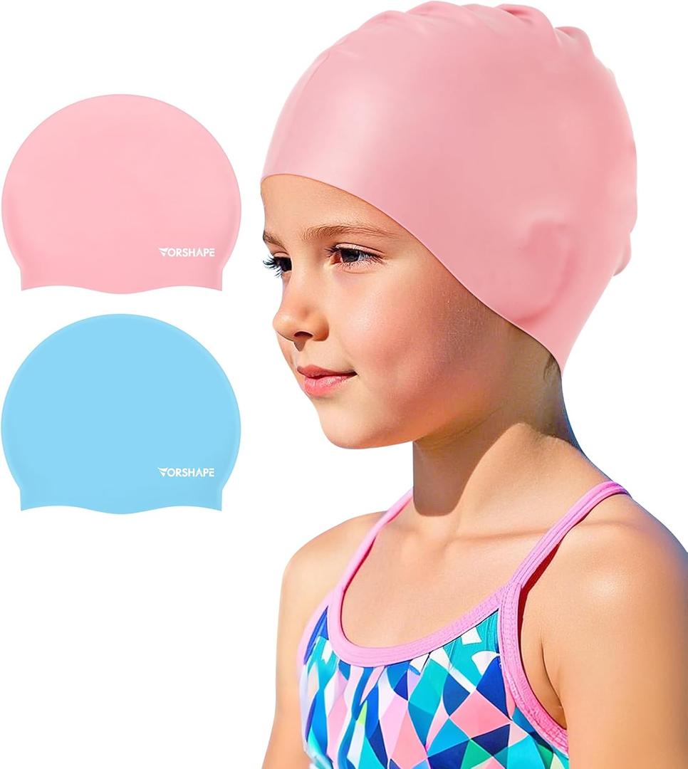 Swim Cap Kids (2 Pack), Durable Waterproof Swimming Cap for Girls Boys Teens Toddler Aged 3-15, Comfortable Fit Kids Swim Cap for Long Hair and Short Hair, Silicone Swim Caps for Kids Toddler (Light Pink & Light Blue)