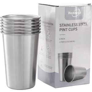 Tosnail 6 Pack 16 oz Stainless Steel Pint Cups Metal Cups Unbreakable Drinking Glasses Water Tumblers for Kids, Adults Indoor and Outdoor Use - Silver