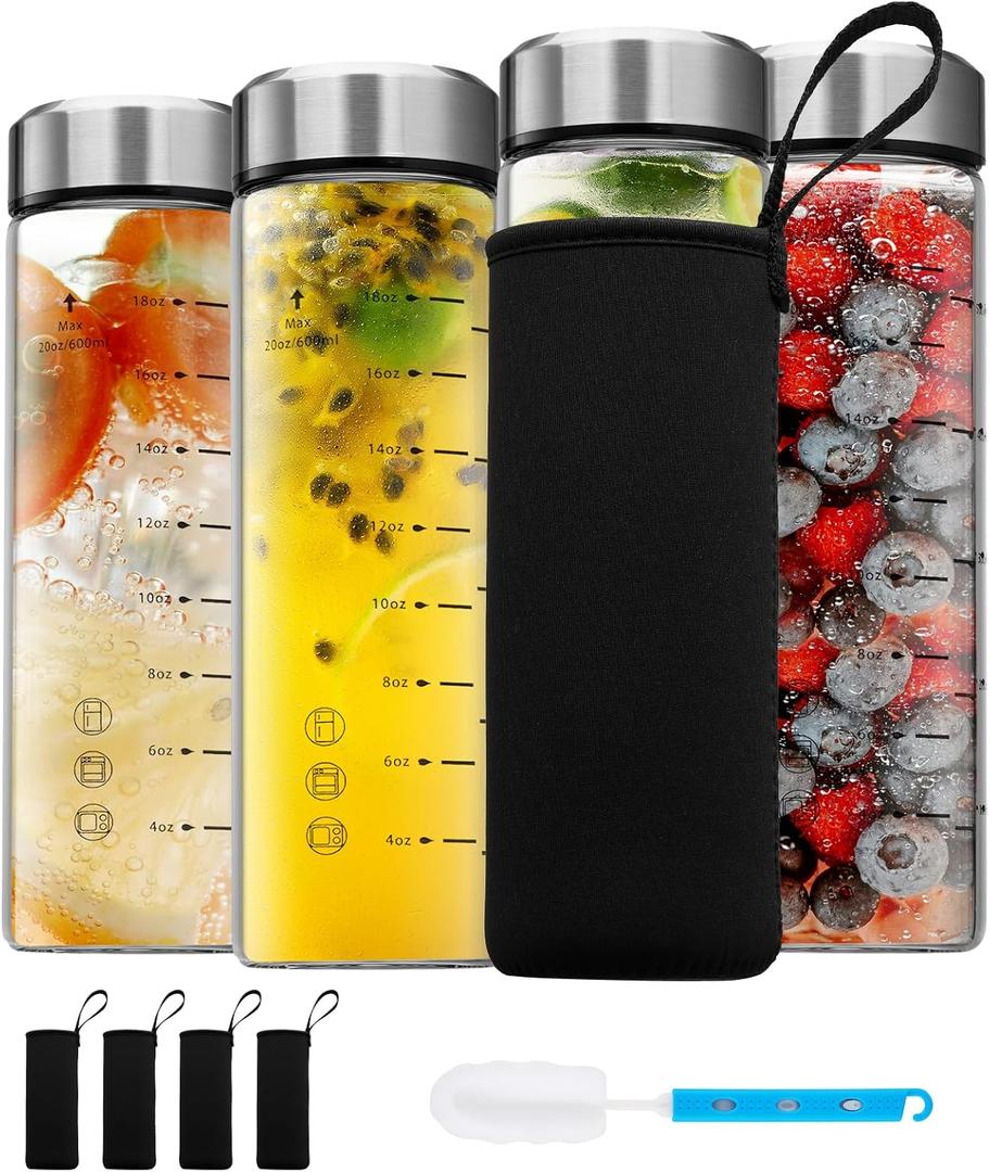 SIEROZUR Glass Juice Bottles 20 oz-4 Pack Leak Proof Wide Mouth Water Bottle with Stainless Steel Lid & Sleeve - for Juicing, Smoothies, Infused Water, Beverage Storage, Eco-Friendly Borosilicate