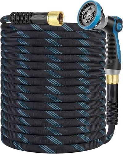 Garden Hose Non-Expandable 100 ft, Lightweight Flexible Water Hose with 10 Function Spray Nozzle, Outdoor Leak Proof, Kink-Free, Portable Hose for Yard, Lawn, Camper, High-Density Fabric, Black Blue