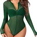 Avidlove Women's Mesh Bodysuit - Long Sleeve Snap Crotch See Through Zipper Sheer Leotard (Green, L)