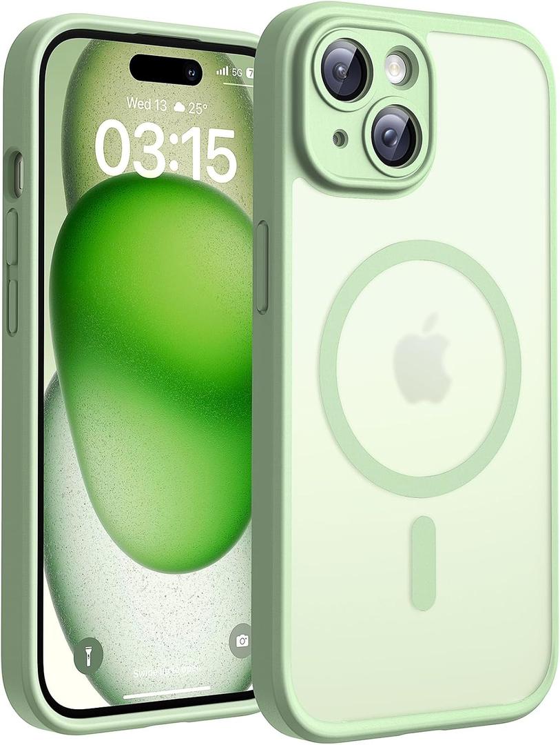 TOCOL Magnetic for iPhone 15 Case, Upgraded Full Camera Protection, Compatible with Magsafe, Drop Protection, Translucent Matte Back Bumper Phone Cover 6.1-Inch (Light Green)